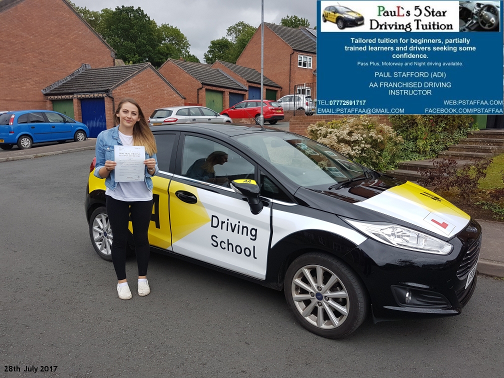 First Time Driving Test Pass Pupil Emily Phillips with Pauls 5 star driving tuition